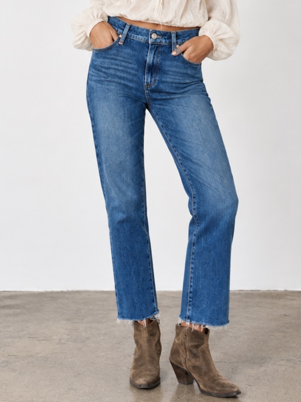 PAIGE Cindy High Rise Ankle Straight Leg Raw Hem Jeans Stargaze Distressed 28